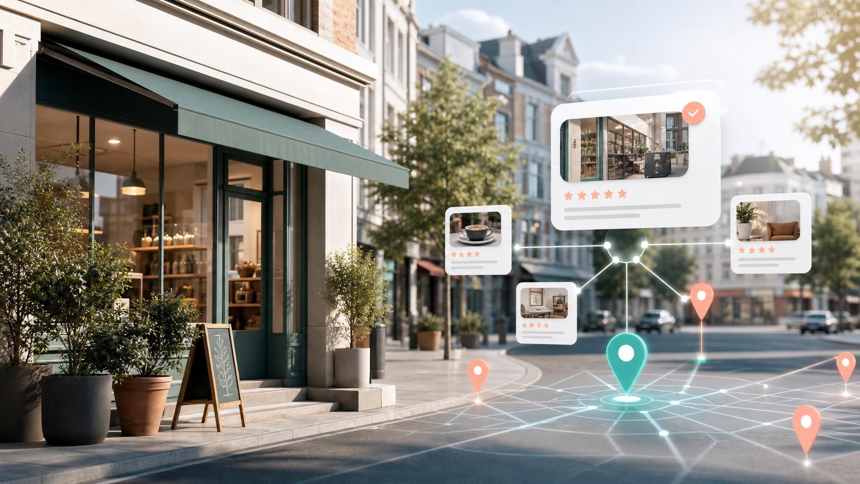 Lokales Unternehmen mit digitalen Empfehlungssignalen und Kartenpunkten in einer modernen Stadt